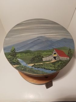Vintage Wooden Stool/Planter Hand Painted Farm House. 12" Round and 10" Tall Thumbnail