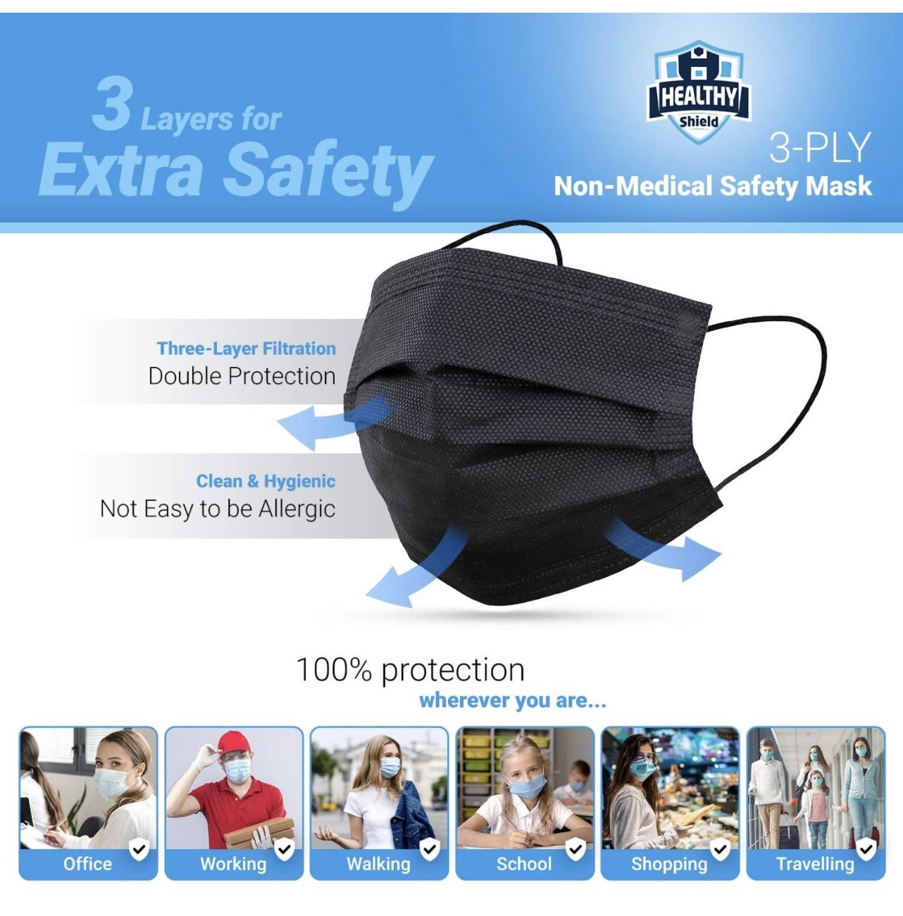 Black 3 Ply Disposable Face Mask (50 Pieces)