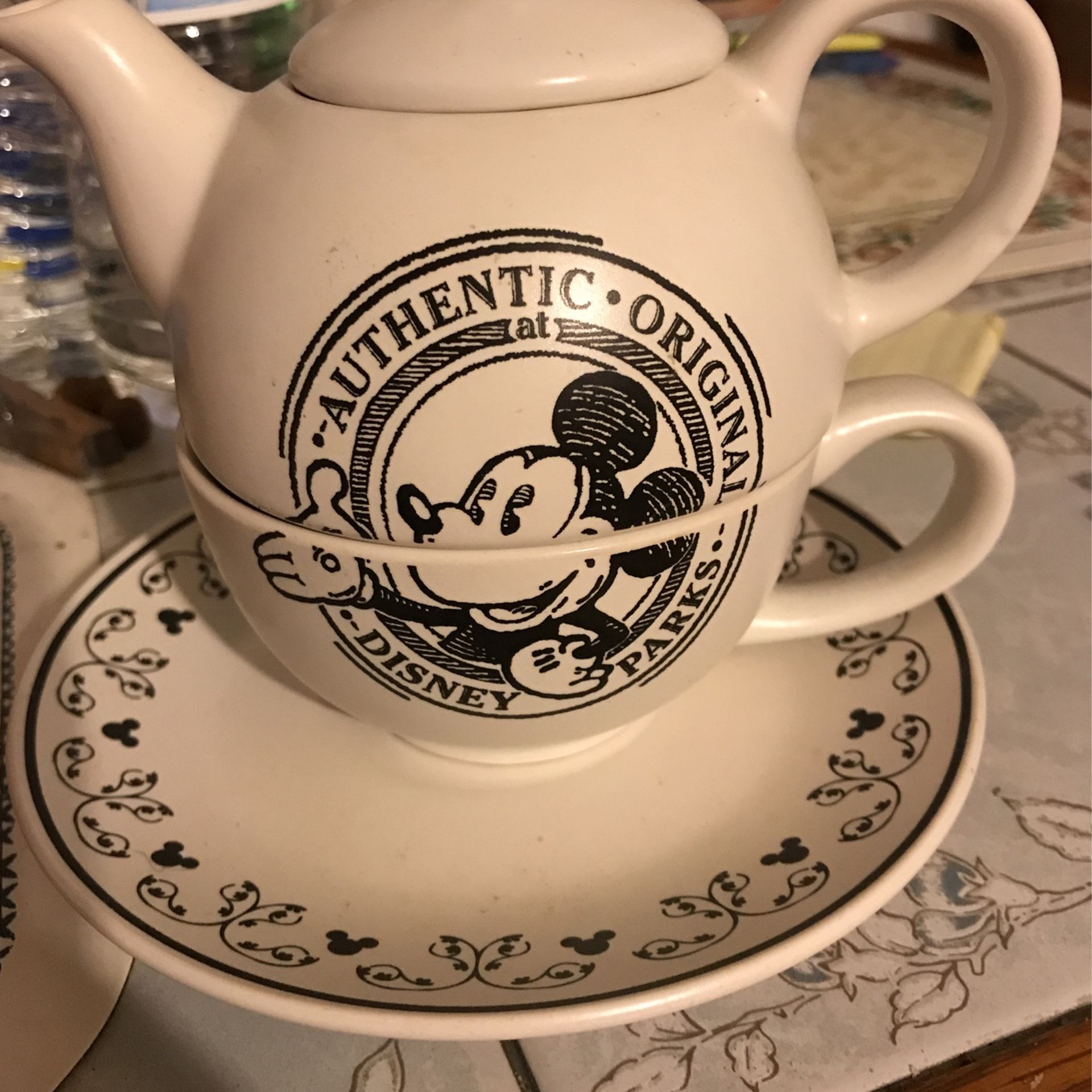 DISNEY TEAPOT Cup And Saucer Set New From Disney World No Chips