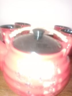 Red Chinese Tea Set (Slight Imperfection On Tea Kettle) Thumbnail