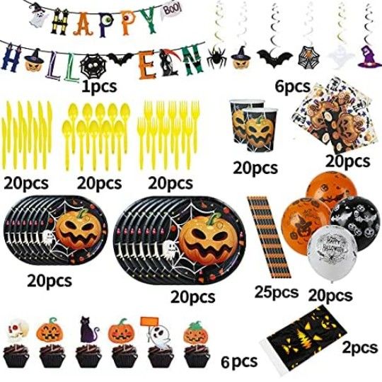 NEW Halloween Party Supplies Set- Serve 20 - Halloween Decorations For Adults And Kids, Include Halloween Plates Cups Napkins Straws Tablecloth Banner