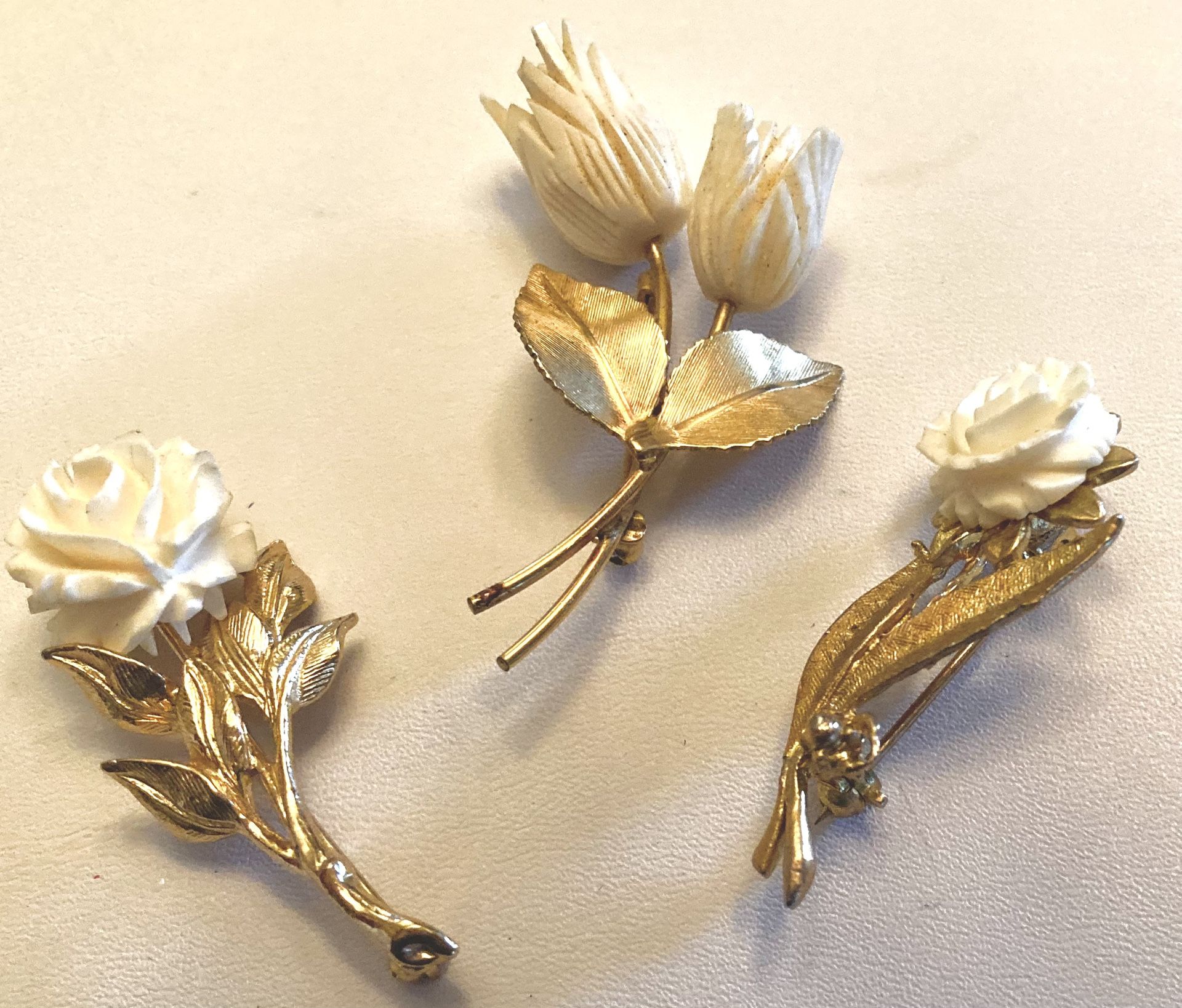 3 Brooches/Pins-Carved Roses-Sterling/Napier Sterling/Winard GF
