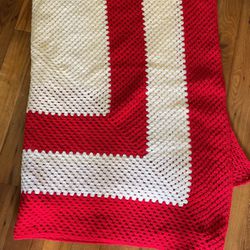 Handmade Crochet Blanket, Red and White, King\Queen Thumbnail
