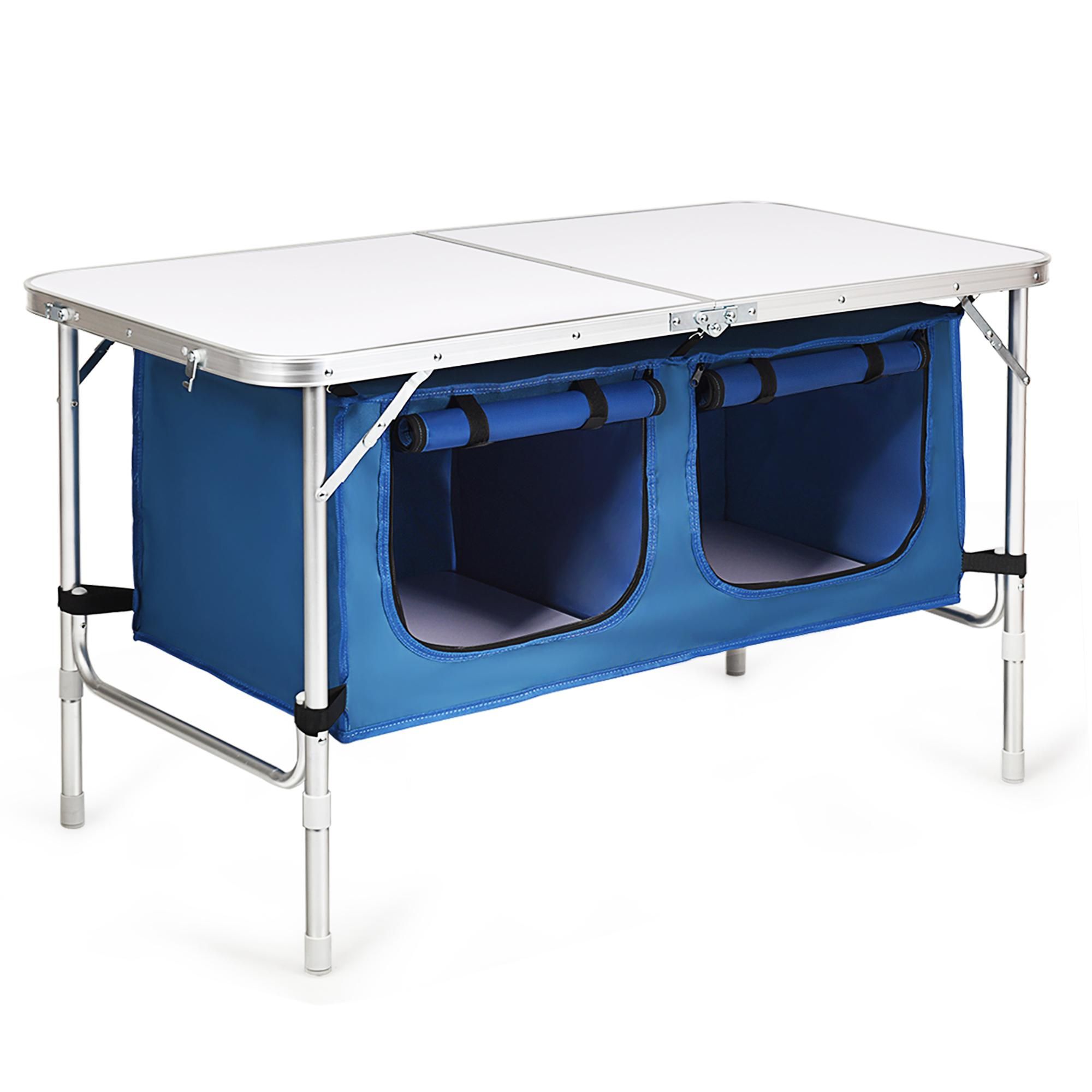 Costway Adjustable Camping Table Aluminum w/ Storage Organizer Dark Blue