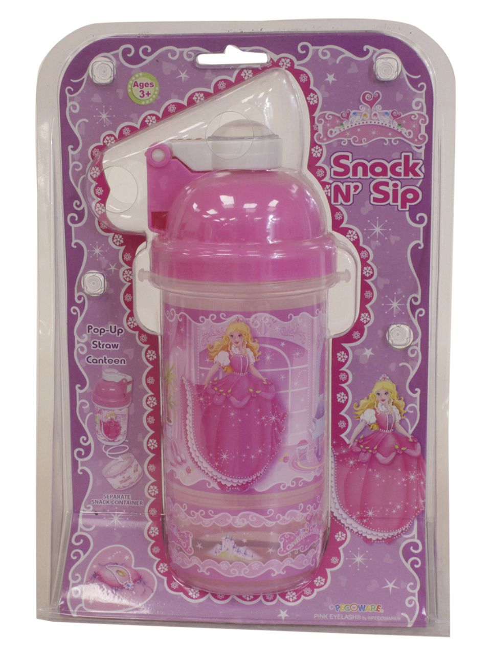Princess Kids Pink Snack N Sip Pop-Up Straw Canteen