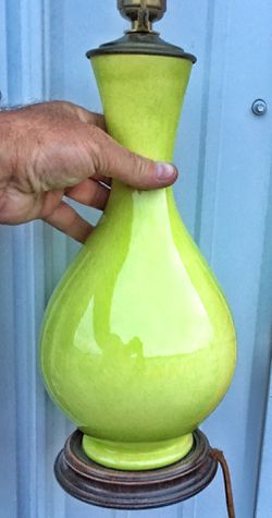 Antique bright lime green art pottery electric table lamp w silk cord ! Thumbnail