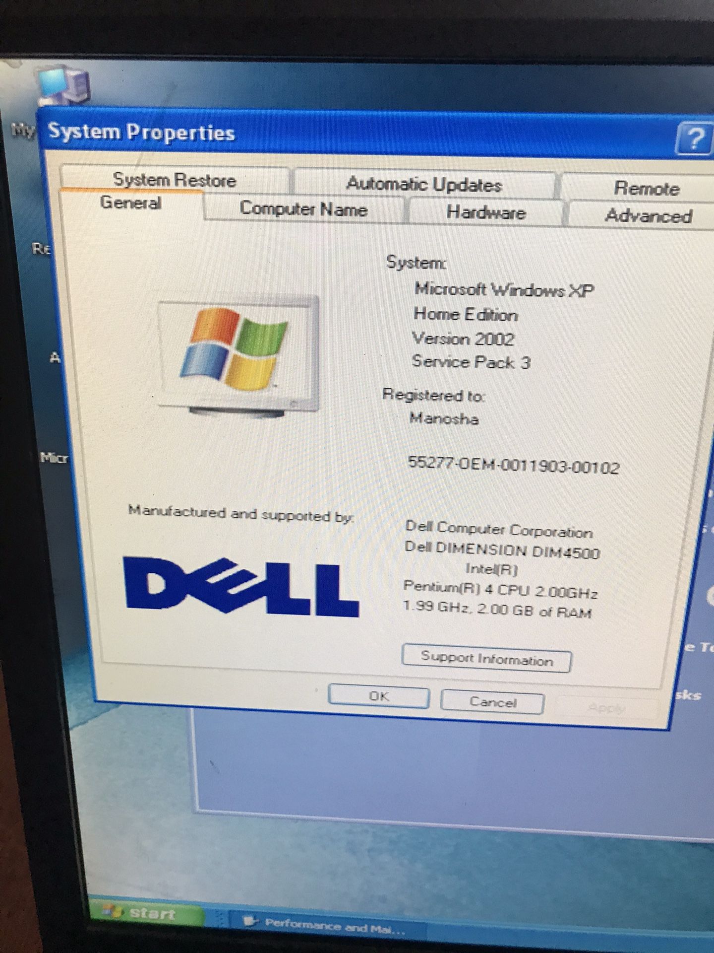 Dell Dimension 4500 desktop computer with keyboard, mouse, and speakers