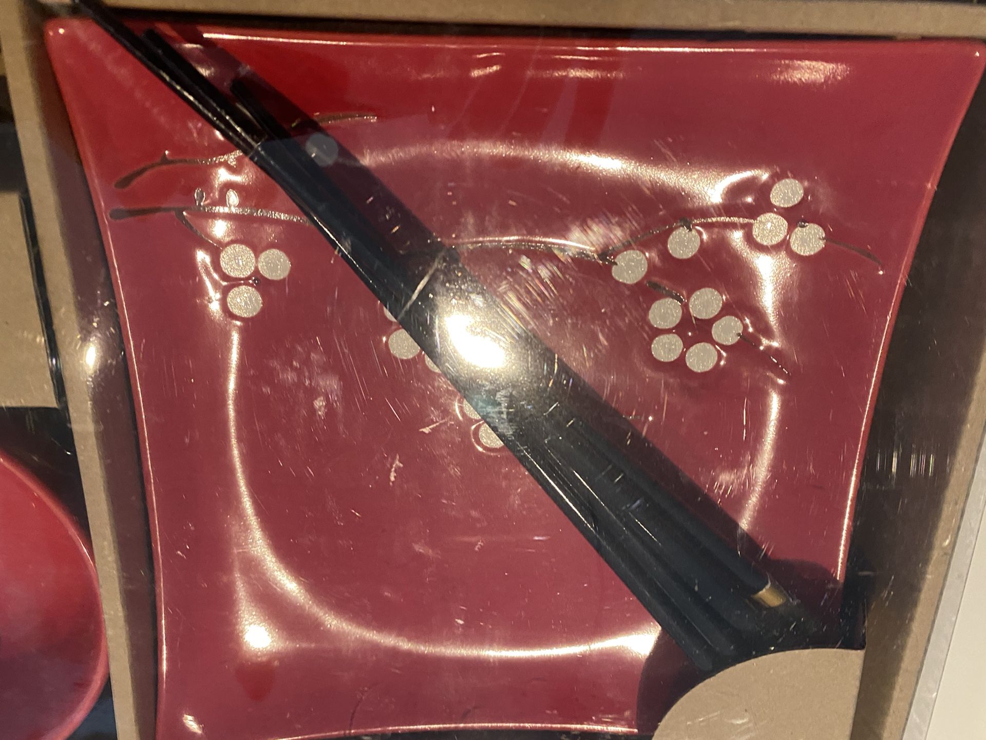 Red Sushi Serving Set Bowls Plates Chopsticks Etc