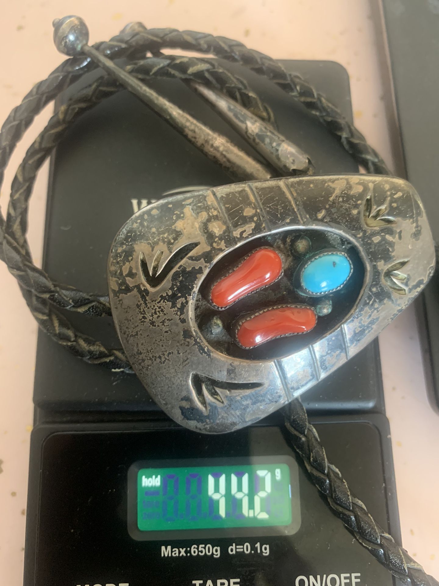 Vintage Sterling Navajo Turquoise and Coral Bolo ,