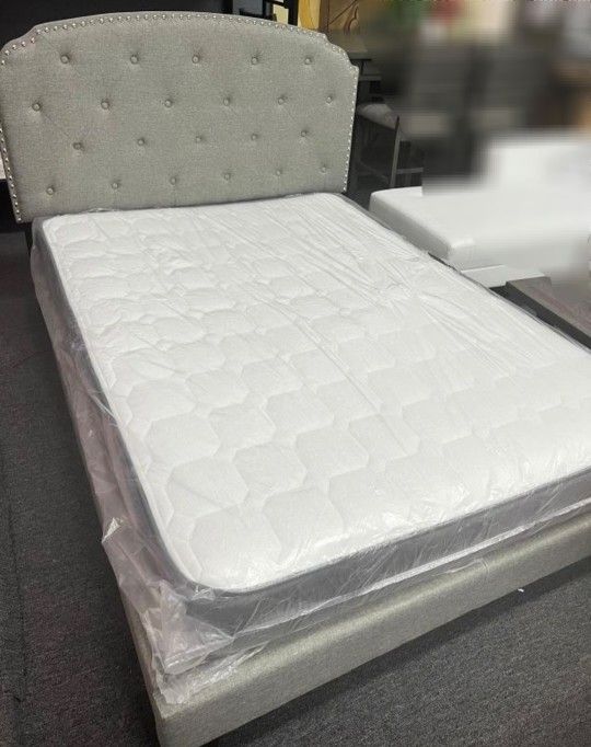 Brand New Queen Size Grey Linen Upholstered Platform Bed Frame +Mattress