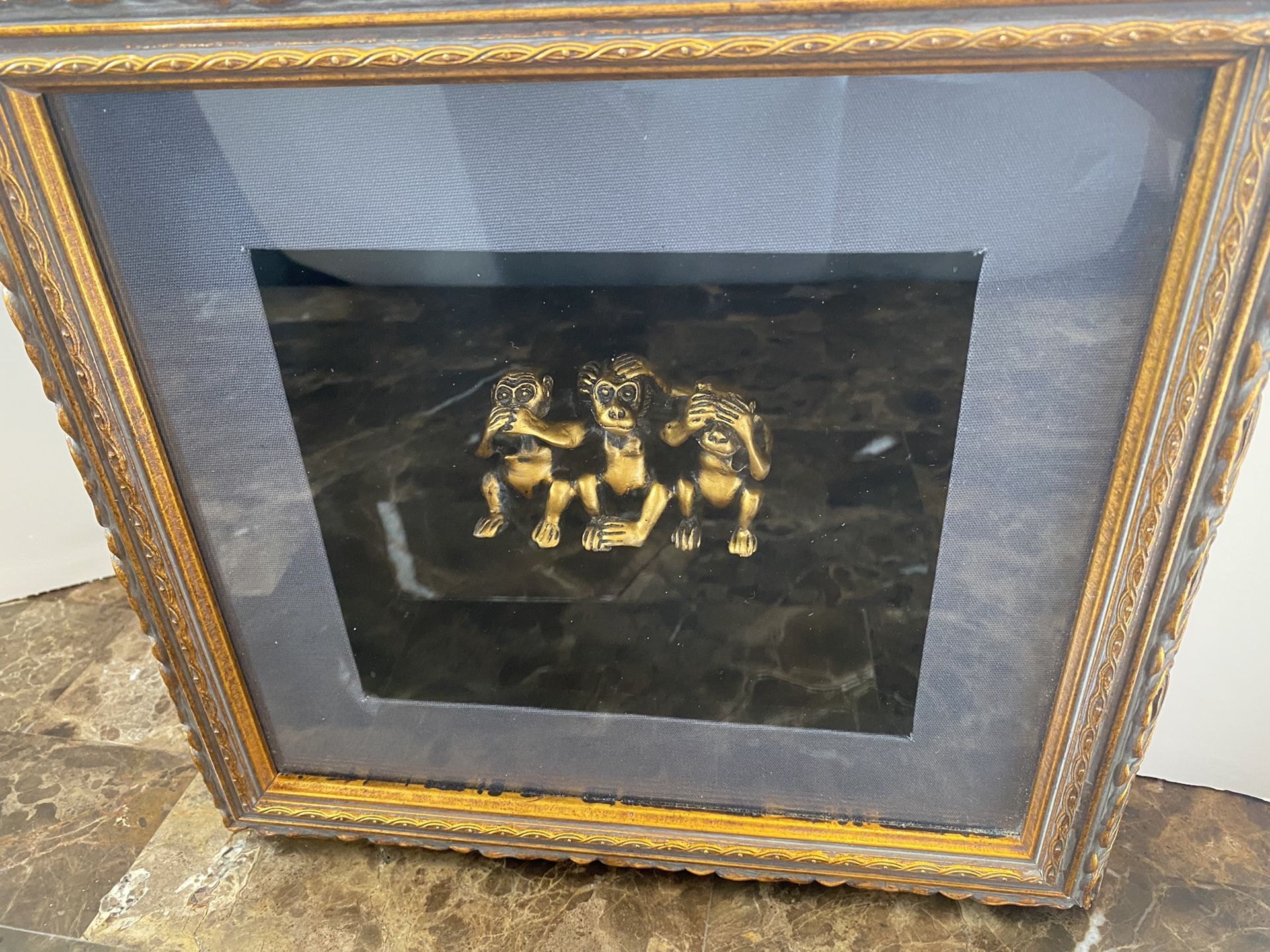 3 Monkeys-see, hear, speak no evil-shadow box 3D wall plaque Gold 11”x11.5”x2.5”