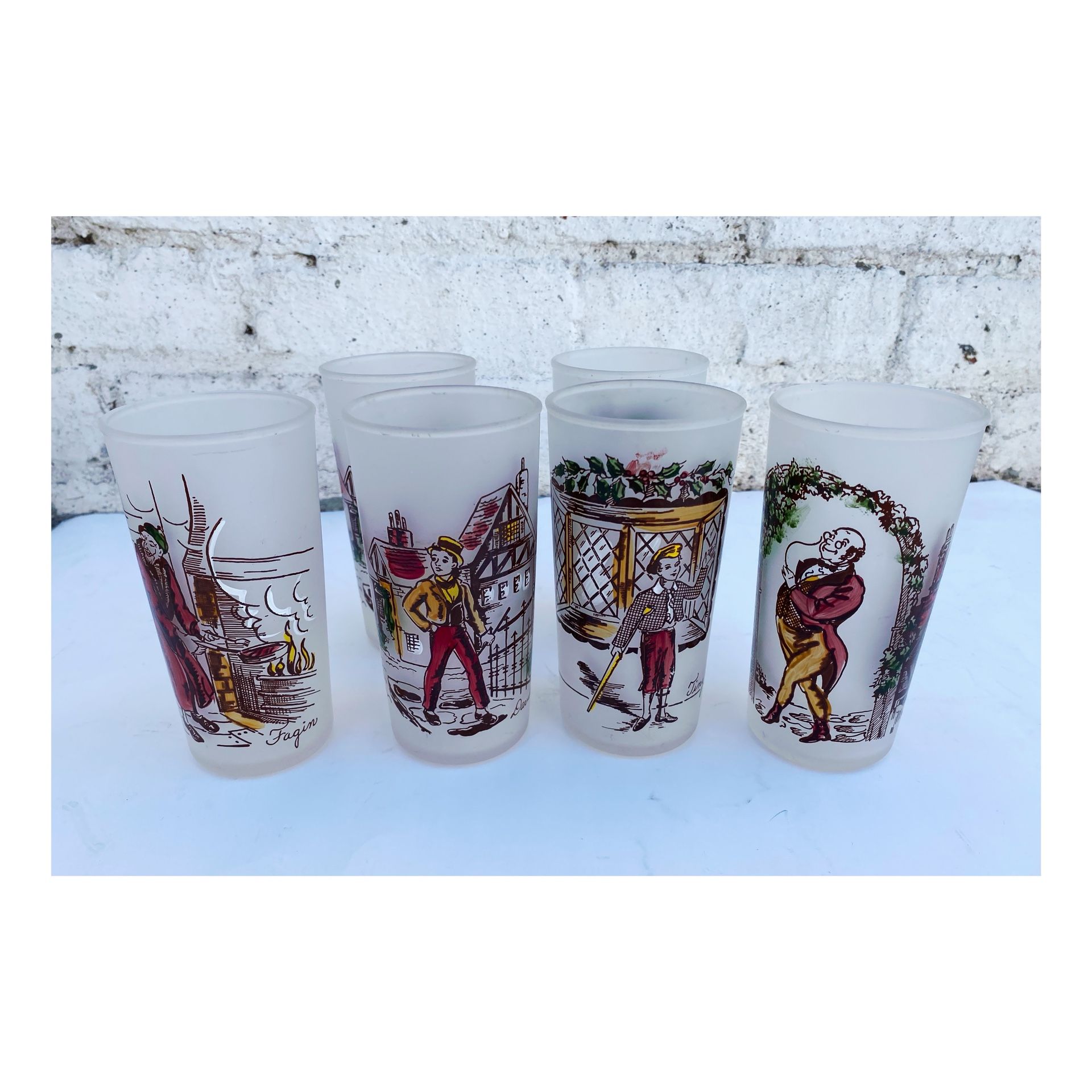 Vintage Hazel Atlas Frosted Glassware Set - Charles Dickens 1950’s - Set Of 6