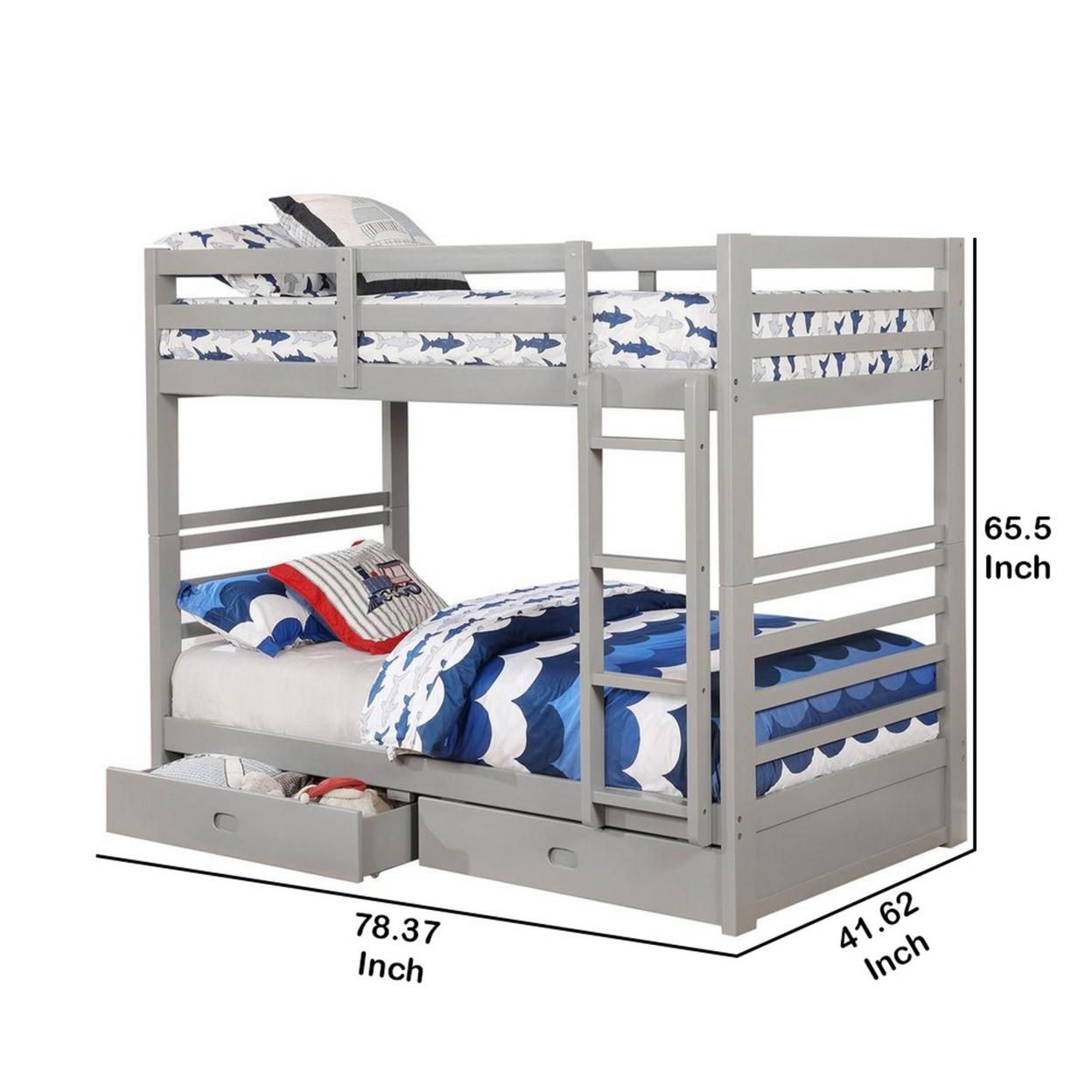 Saltoro Sherpi Transitional Twin Over Twin Bed with Attached Ladder and Drawers, Gray