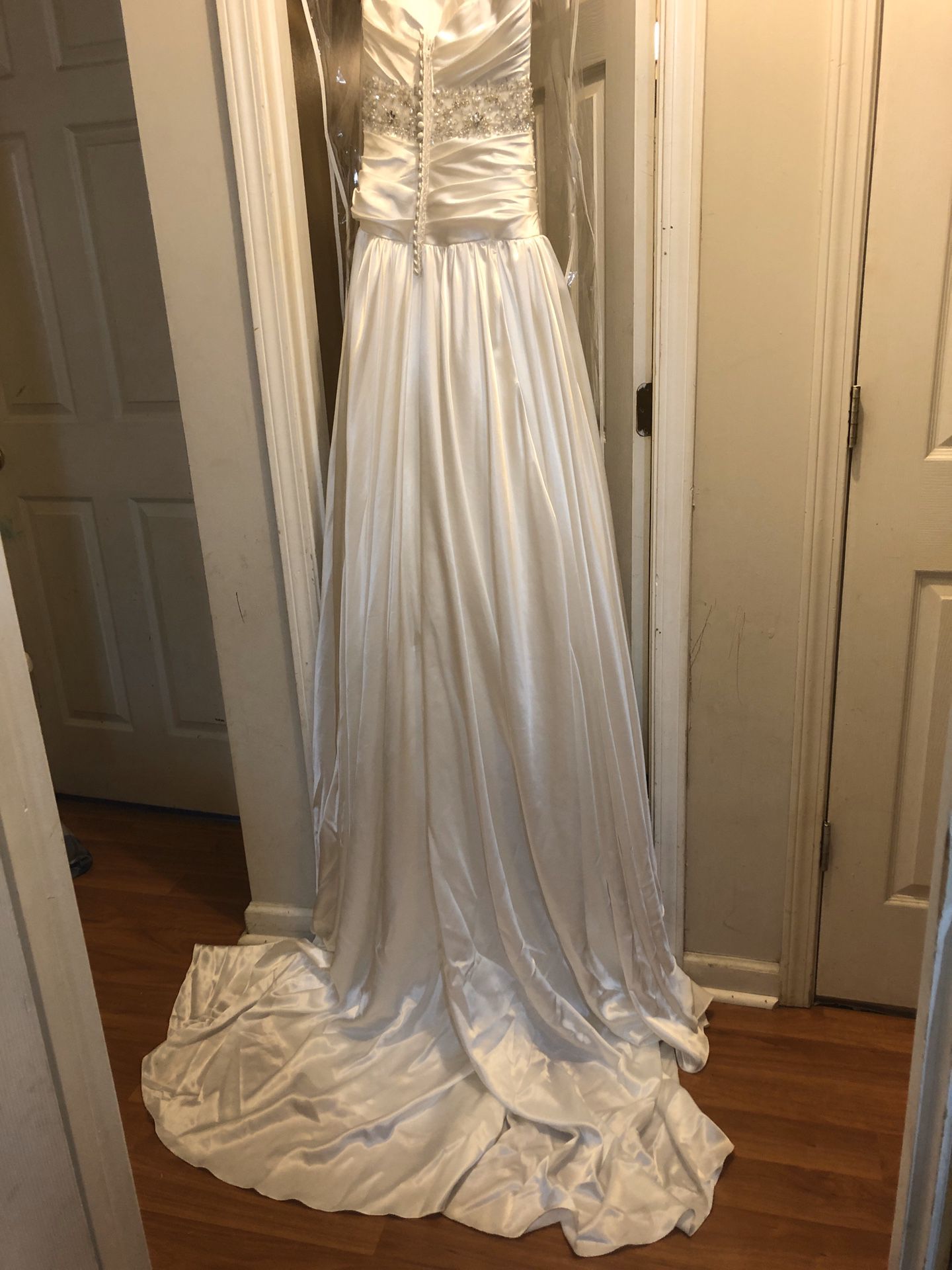 Strapless white satin wedding dress size 2