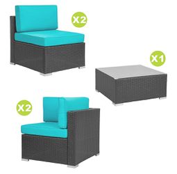Patio/Outdoor Furniture 5pcs Patio Furniture Sets,Low Back All-Weather Rattan Sectional Sofa w/ Tea Table&Washable Couch Cushions (turquoise & red) Thumbnail