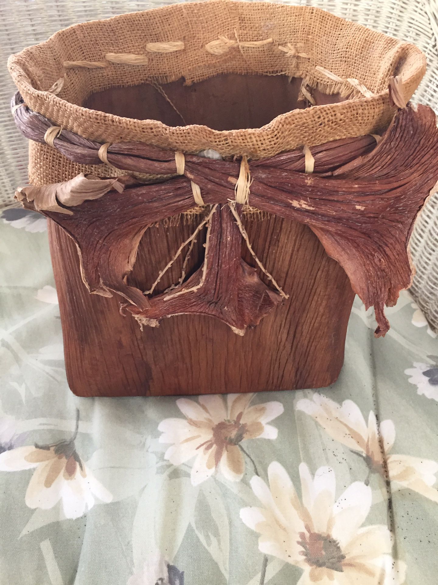 Handmade Palm Bark Sheath Frond Woven Waste Basket , Utensil Holder, Decor, Plant Holder. Super Unique!