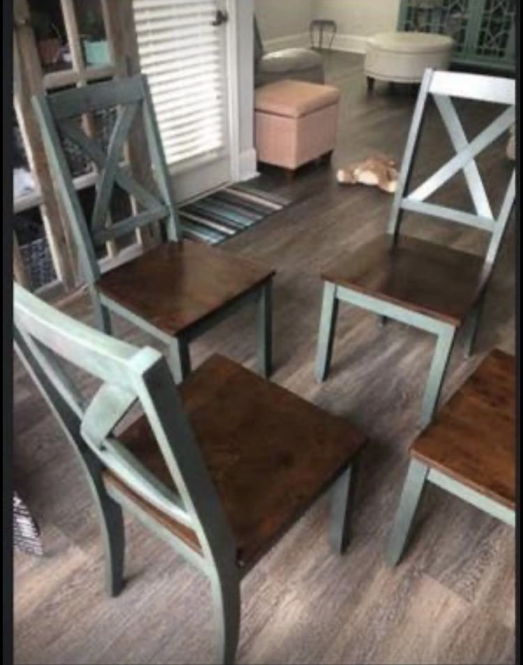 4 Antiqued Sage Green Farmhouse Dining Chairs 