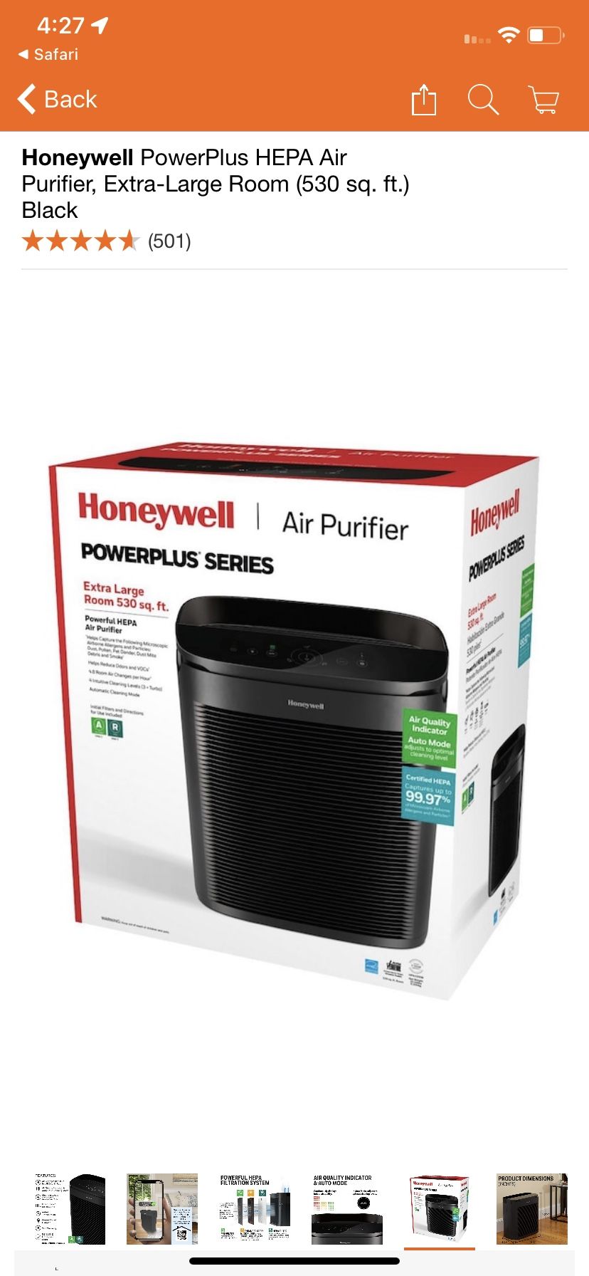 Honeywell PowerPlus HEPA Air Purifier, Extra-Large Room (530 sq. ft.) Black