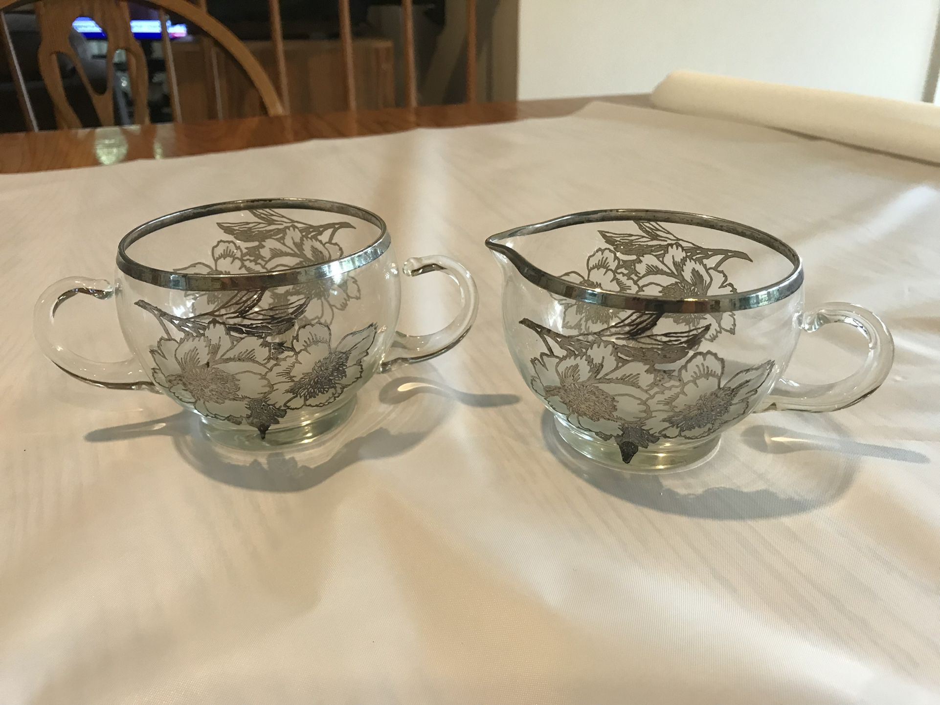 Creamer and sugar set vintage glass with silver inlay