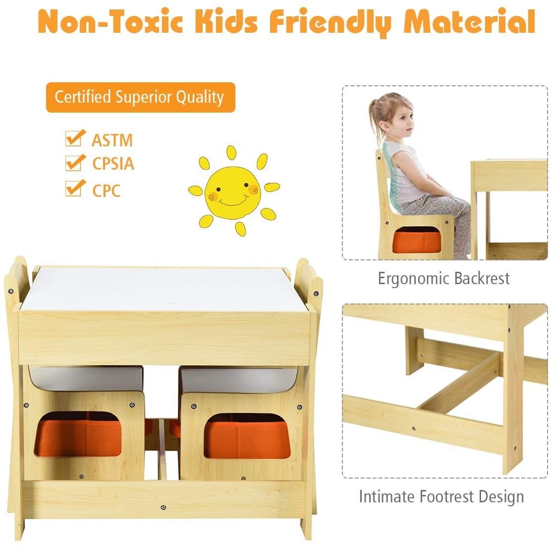 Kids Wood Table & 2 Chair Set, Children Activity Table Desk Sets w/Storage Drawer