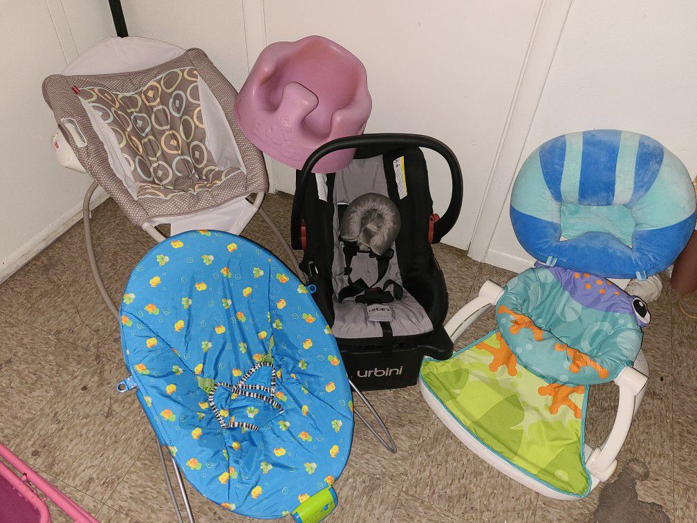 Swing, 2 Small Strollers, Carseat, Small Rocker,  Things To Sit in, Things to Lay On, Cupcake Costume