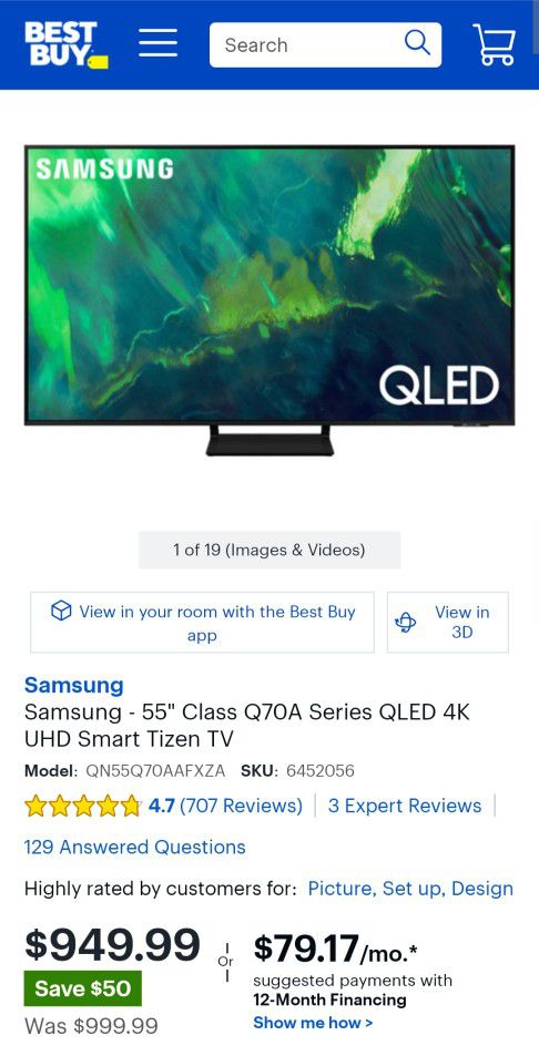 SAMSUNG 55-Inch Class QLED Q70A Series - 4K UHD Quantum HDR Smart TV with Alexa Built-in (QN55Q70AAFXZA, 2021