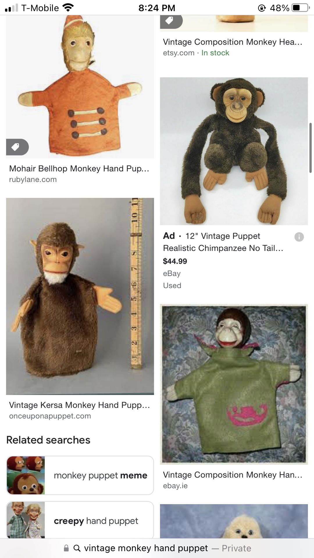 Vintage Monkey /chimpanzees Hand Puppet 