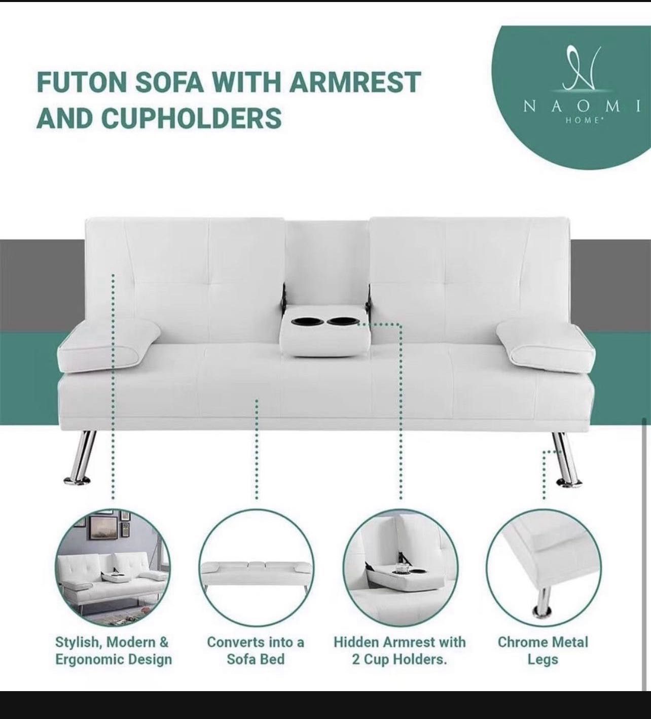 Futon Sofa Bed Futon Couch with Armrest and Cupholders Faux Leather Sofa Bed Couch Convertible Folding Reclining Small Couch Bed Futon Bed for Living 