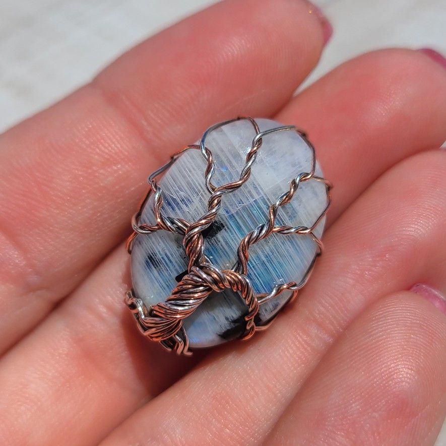 Wire Wrapped Rainbow Moonstone Tree of Life 925 Ring