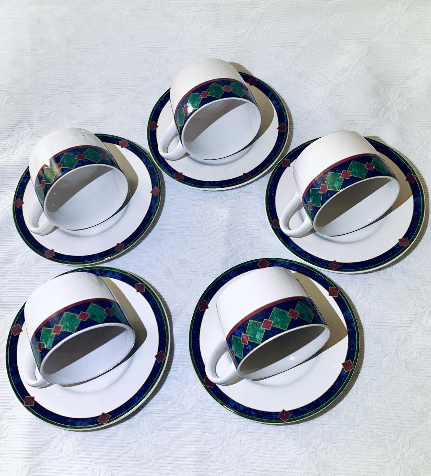 Set Of 5 Amalfi CLASSIC Coffee Mug And Plates Pfaltzgraff Blue Green Burgundy