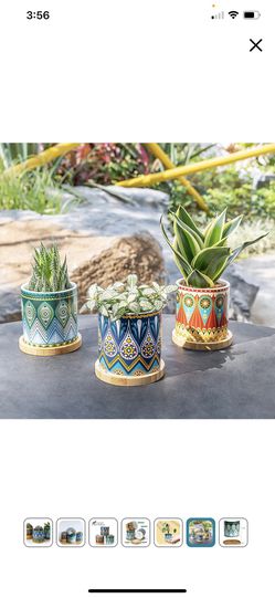 Succulent Planter Pots-3 Inch Small Ceramic Planters Plants Pots Mini Flower Vase with Bamboo Tray and Drainage Hole for Indoor Plants, Colorful Manda Thumbnail