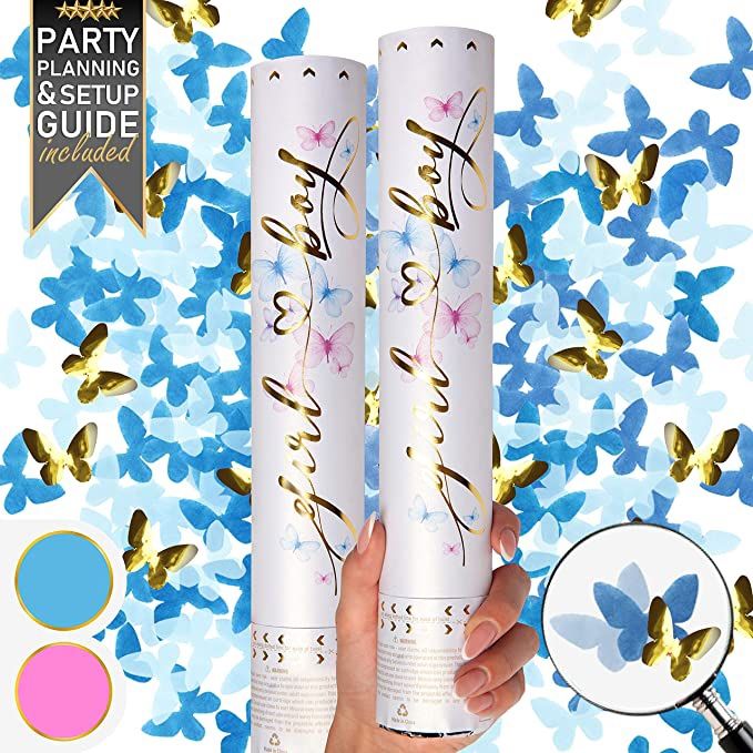 Gender Reveal Confetti Cannon - Set of 2 - Biodegradable Butterfly Confetti in Blue