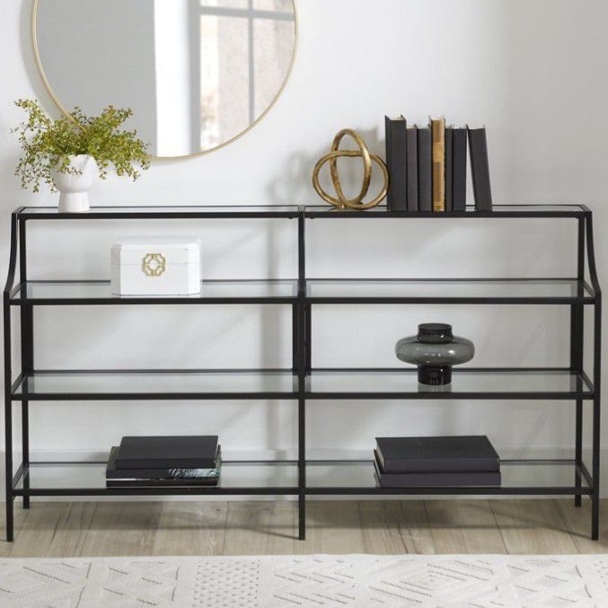 Black Elegant Console Table with multiple Open Shelf Storage Living Room