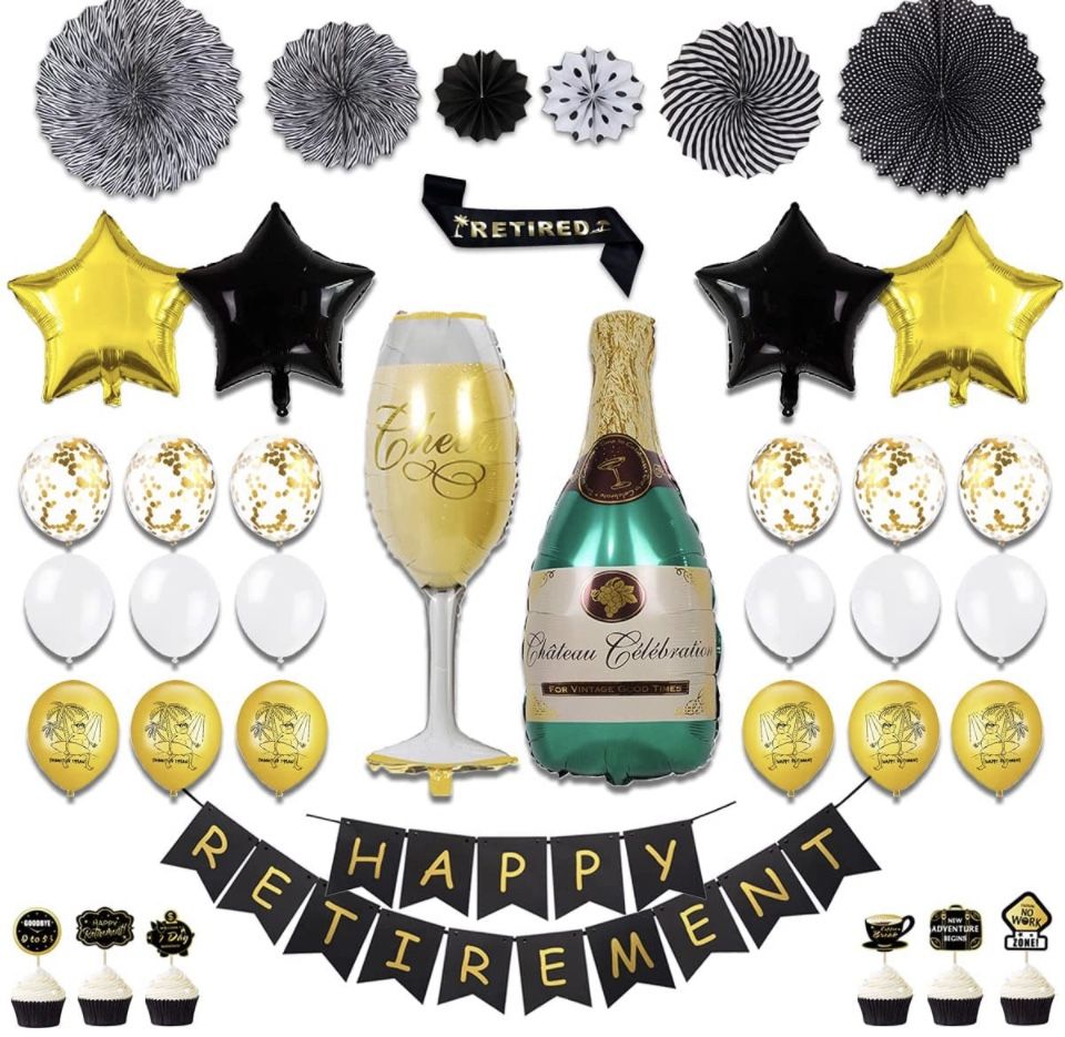 NEW! Retirement Party Decorations, Black and Gold Retirement Party Supplies with Happy Retirement Banner Latex Balloons Tissue Pom Poms Paper Fans Ret
