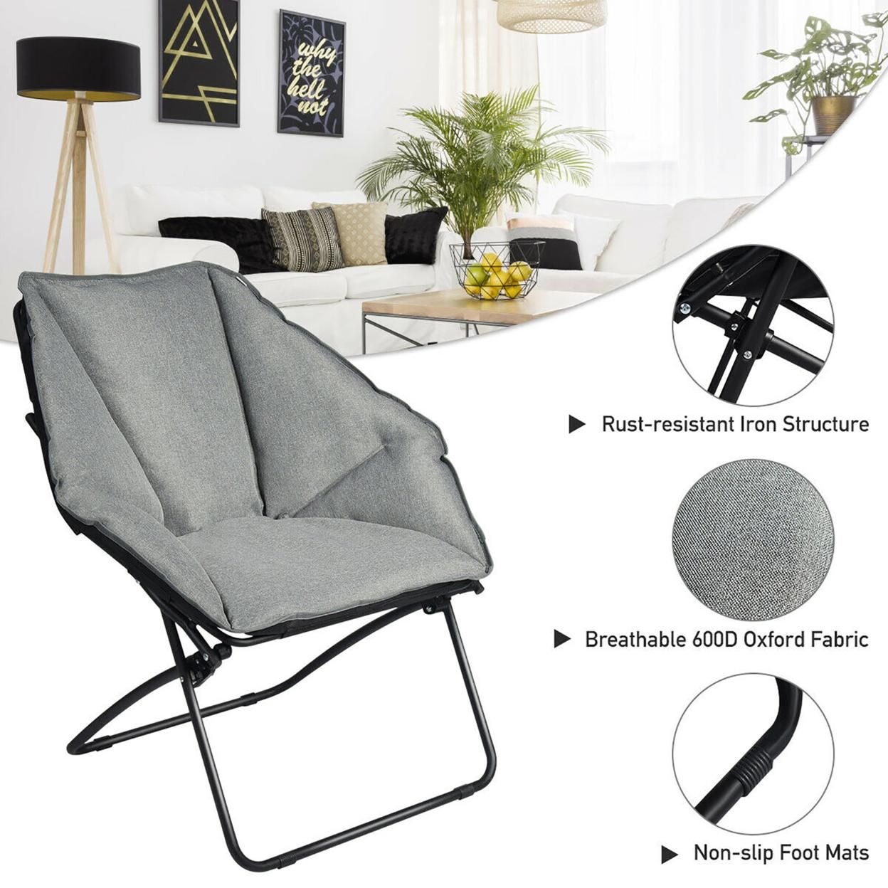 Costway Folding Saucer Padded Chair Soft Wide Seat w/ Metal Frame Lounge Furniture