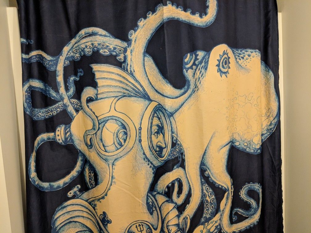 Society6 Octopus Shower Curtain Set Nautical Bathroom Decor Kraken and Scuba Diver Gold Tentacles Blue Polyester Fabric clear plasti hooks included