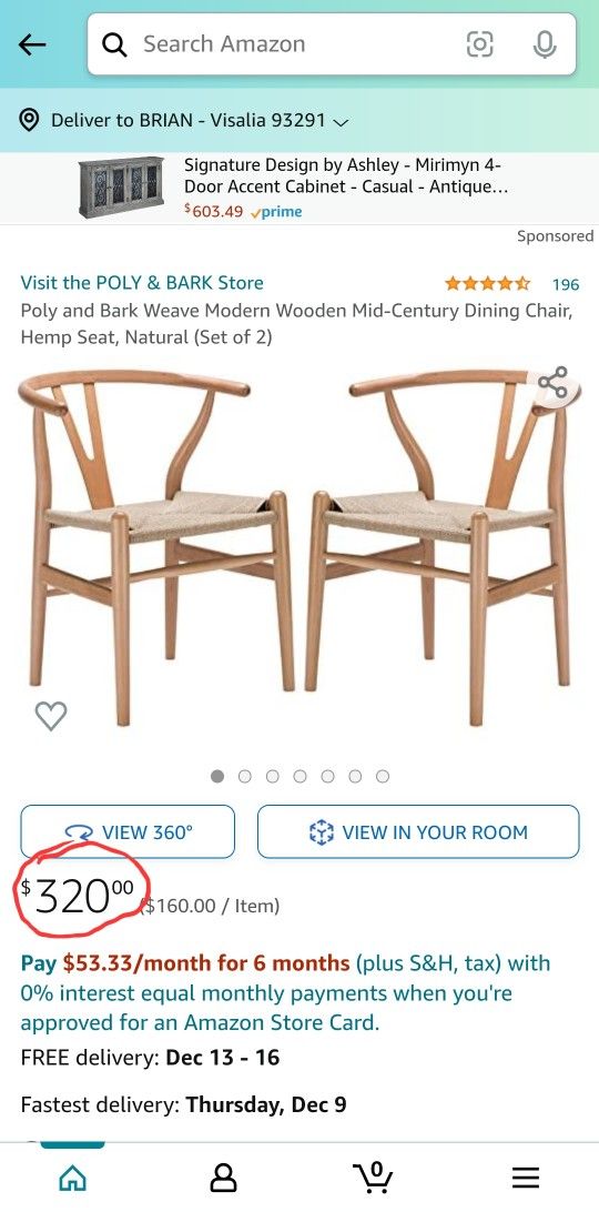 Poly and Bark Weave Modern Wooden Mid-Century Dining Chair, Hemp Seat, Natural (Set of 2)