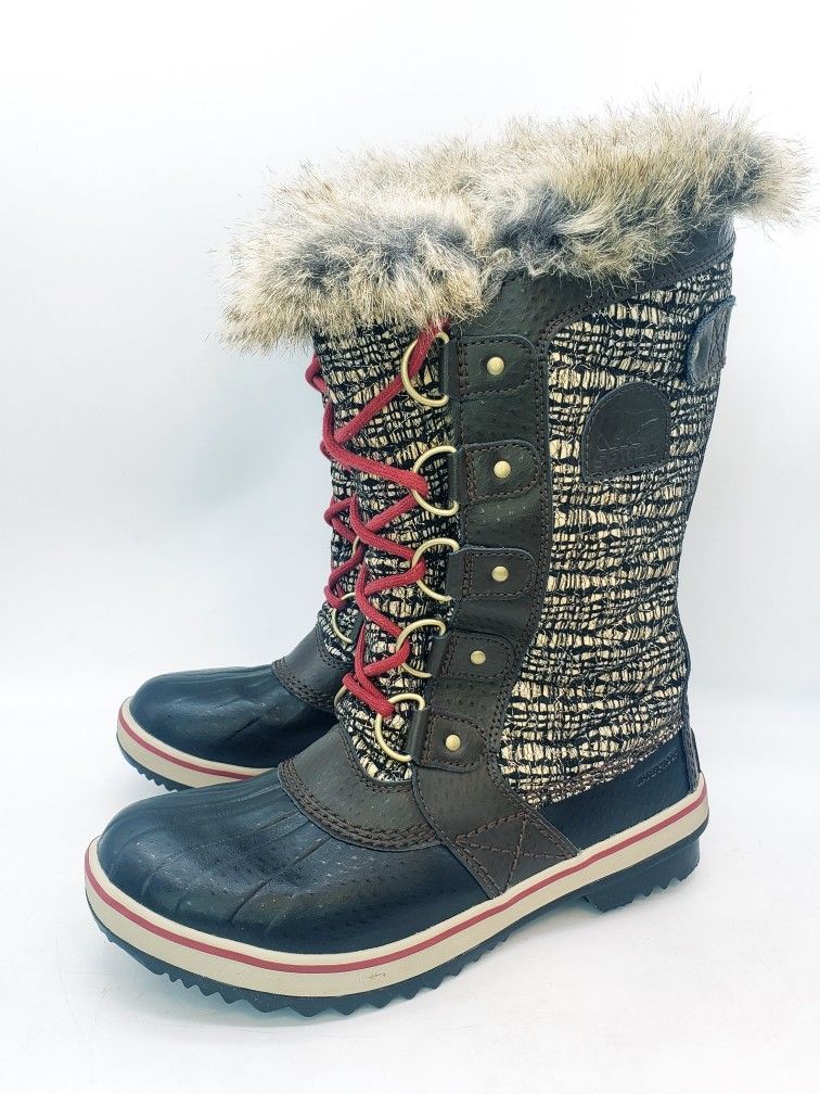SOREL Waterproof Brown/Black Rubber Snow Boots Faux Fur Lined Womens Size 6