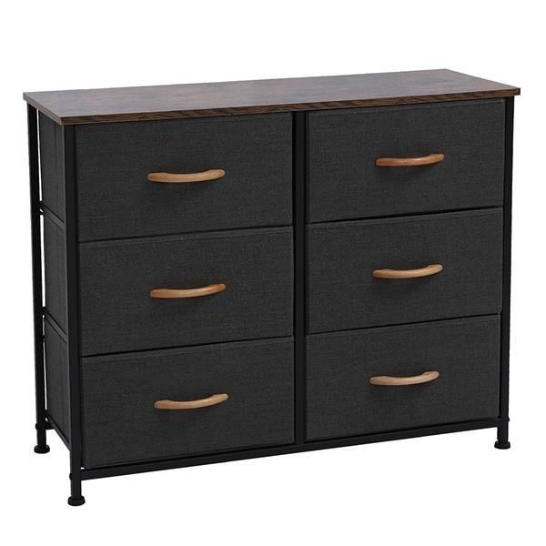 3-Tier Wide Dresser, Storage Unit with 6 Easy Pull Fabric Drawers, Metal Frame, and Wooden Tabletop, for Closet,