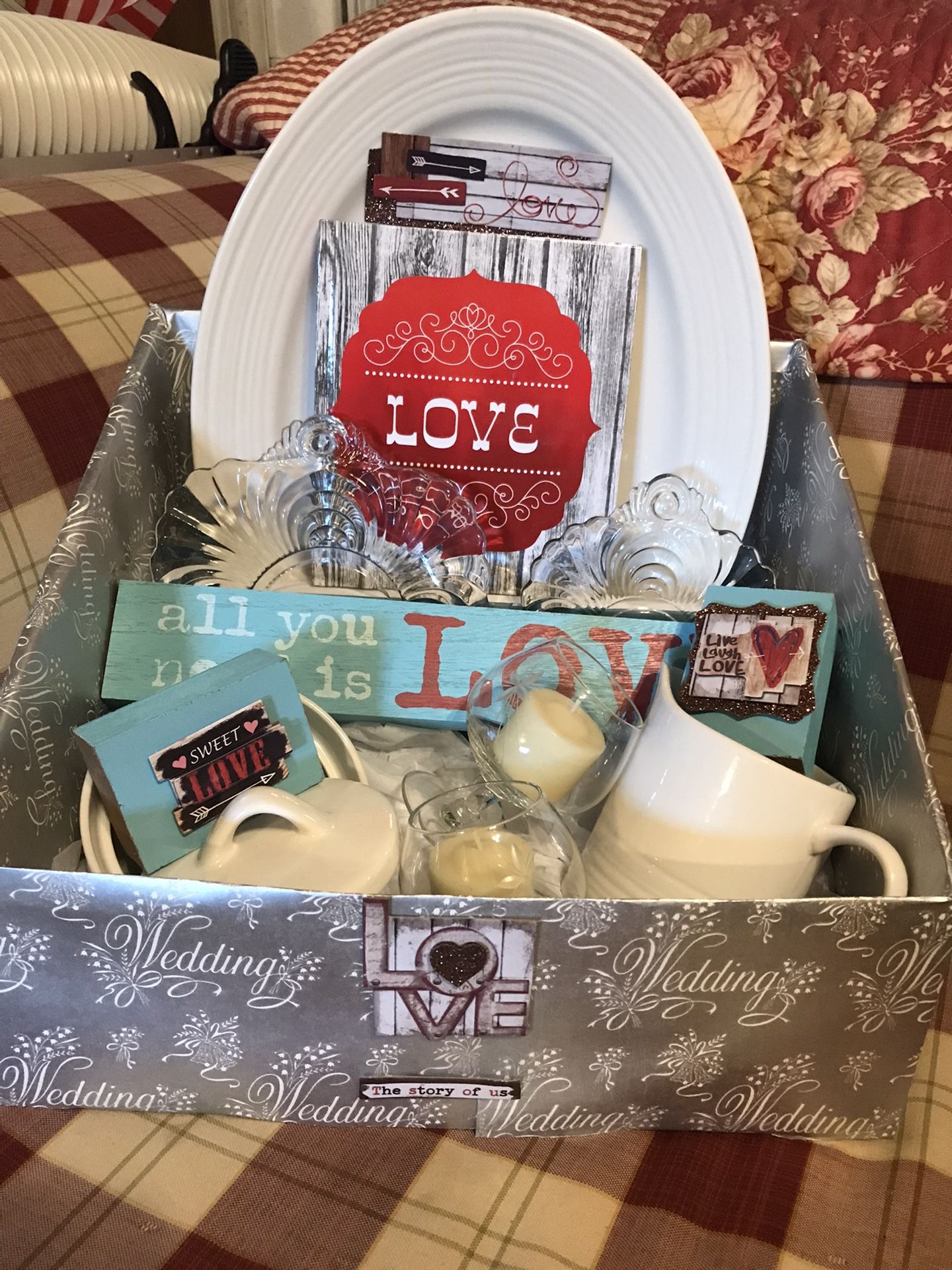 Wedding Gift Includes Candles, Book, Platter, Cream & Sugar Servers, Wooden Signs, Wine Glasses, & More!