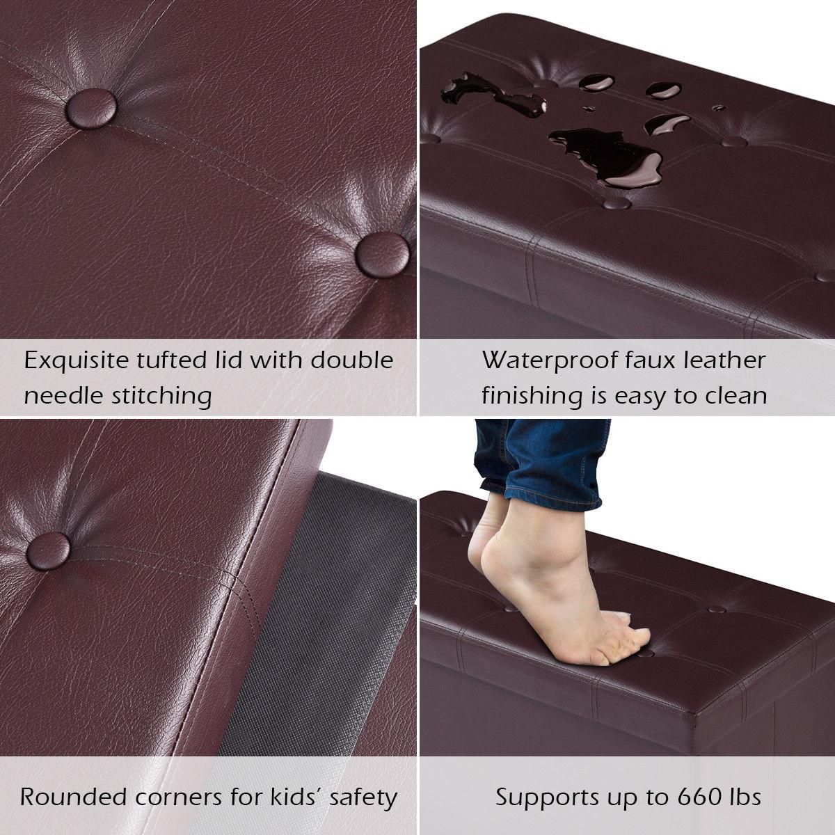 Costway 30"x15"x15" Large Folding Storage Faux Leather Ottoman Pouffe Box Stool (Brown)