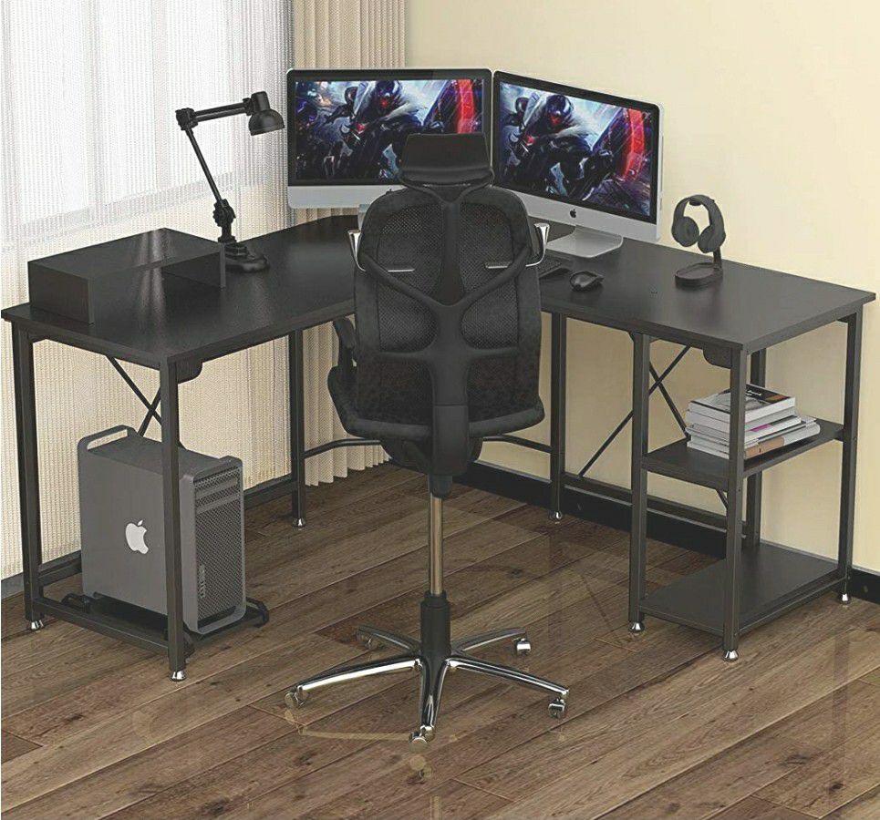 Sleek L Shaped Desk w/ Shelves (54.3’’) Computer Corner Desk Wood Metal Gaming Desk Table Home Office Workstation