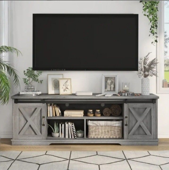 72 Tv Stand In Vintage Gray Oak Finish With Sliding Doors