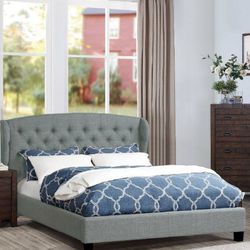 Brand New King Size Grey Linen Upholstered Platform Bed Frame (New In Box)  Thumbnail