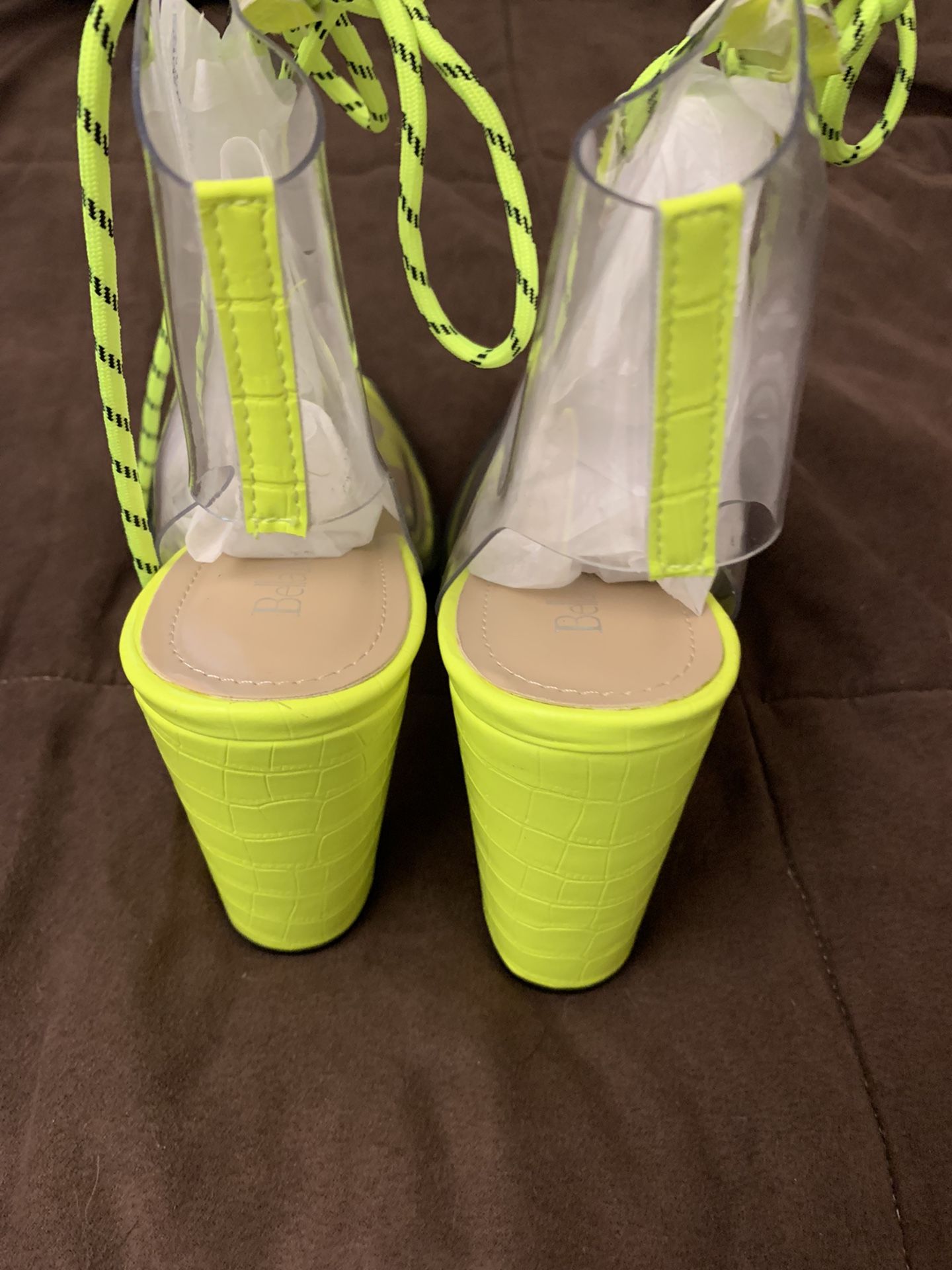 Neon yellow Transparent Chunky High Heels Clear Ankle Boots Lace Up Platform Shoes Size 10