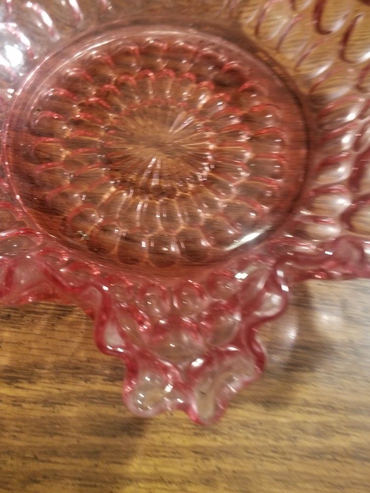 Vintage Rose/Pink Ruffle Glass Candy Dish
