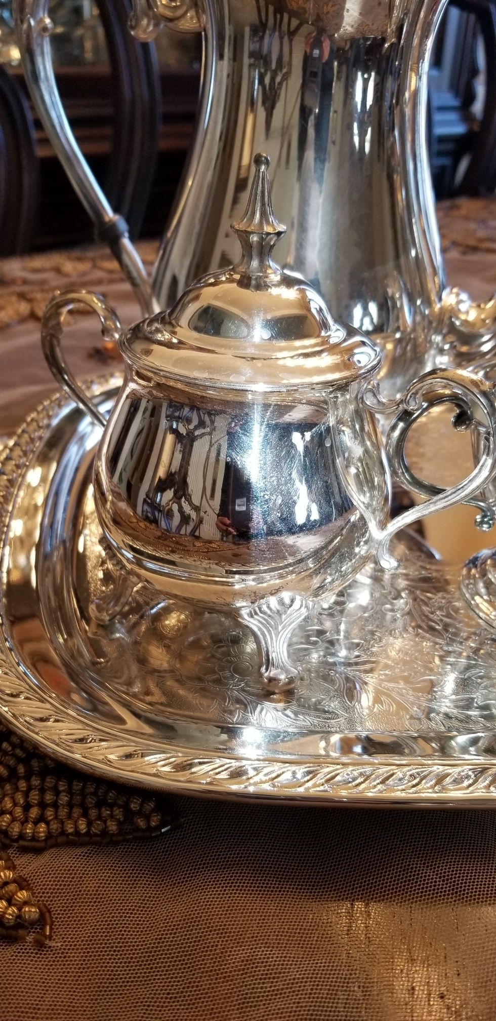 Silverplated tea and coffee set with edge decorated tray