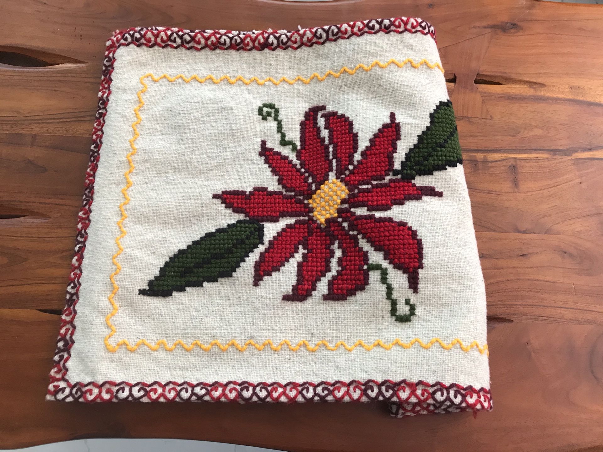 Hand made table runner/bed accent/tv console woven on wooden loom poinsettia embroidered pure wool.