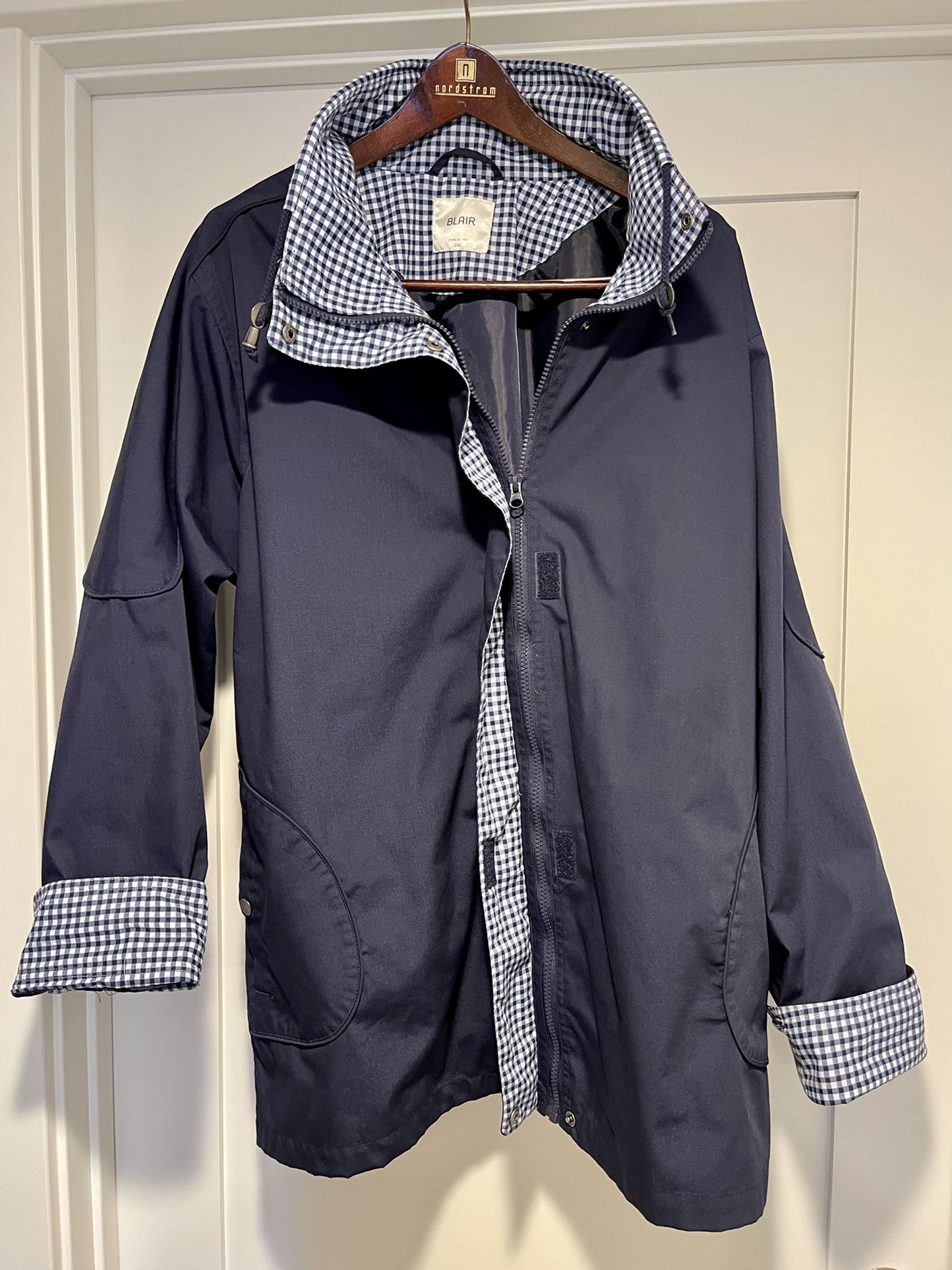 BLAIR Mens XXL Navy Blue Raincoat Jacket Hood Pockets Lining Zip Up Blue Check Cuffs