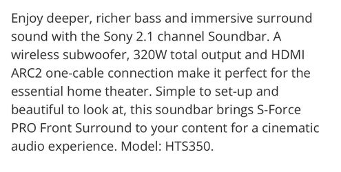 Sony 2.1 Channel Soundbar with Wireless Subwoofer and Bluetooth 65.00 Thumbnail